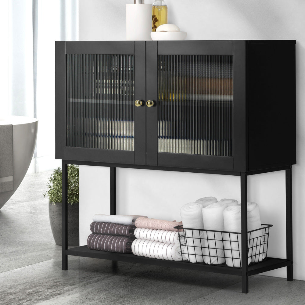 Black Bathroom Cabinet with Two Tempered Glass Doors
