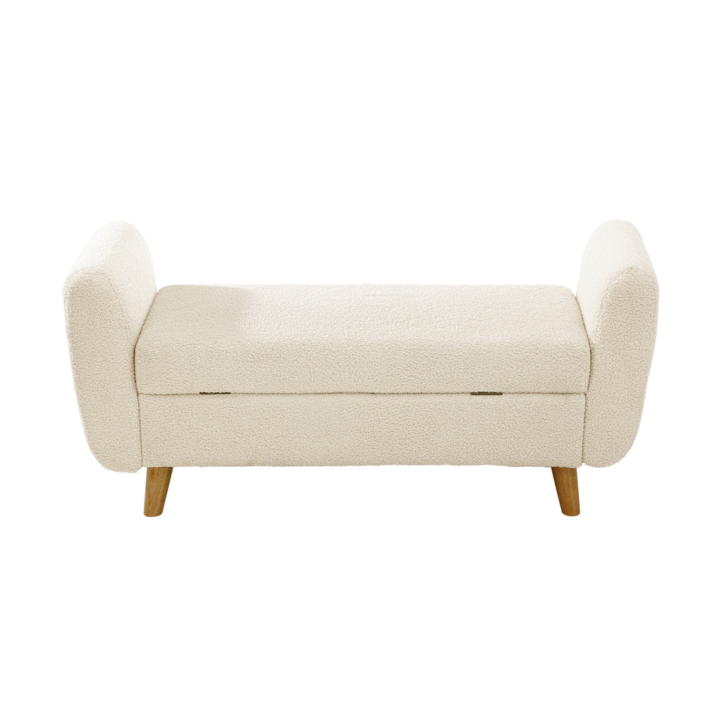 White Sherpa Fabric Storage Ottoman with Armrests