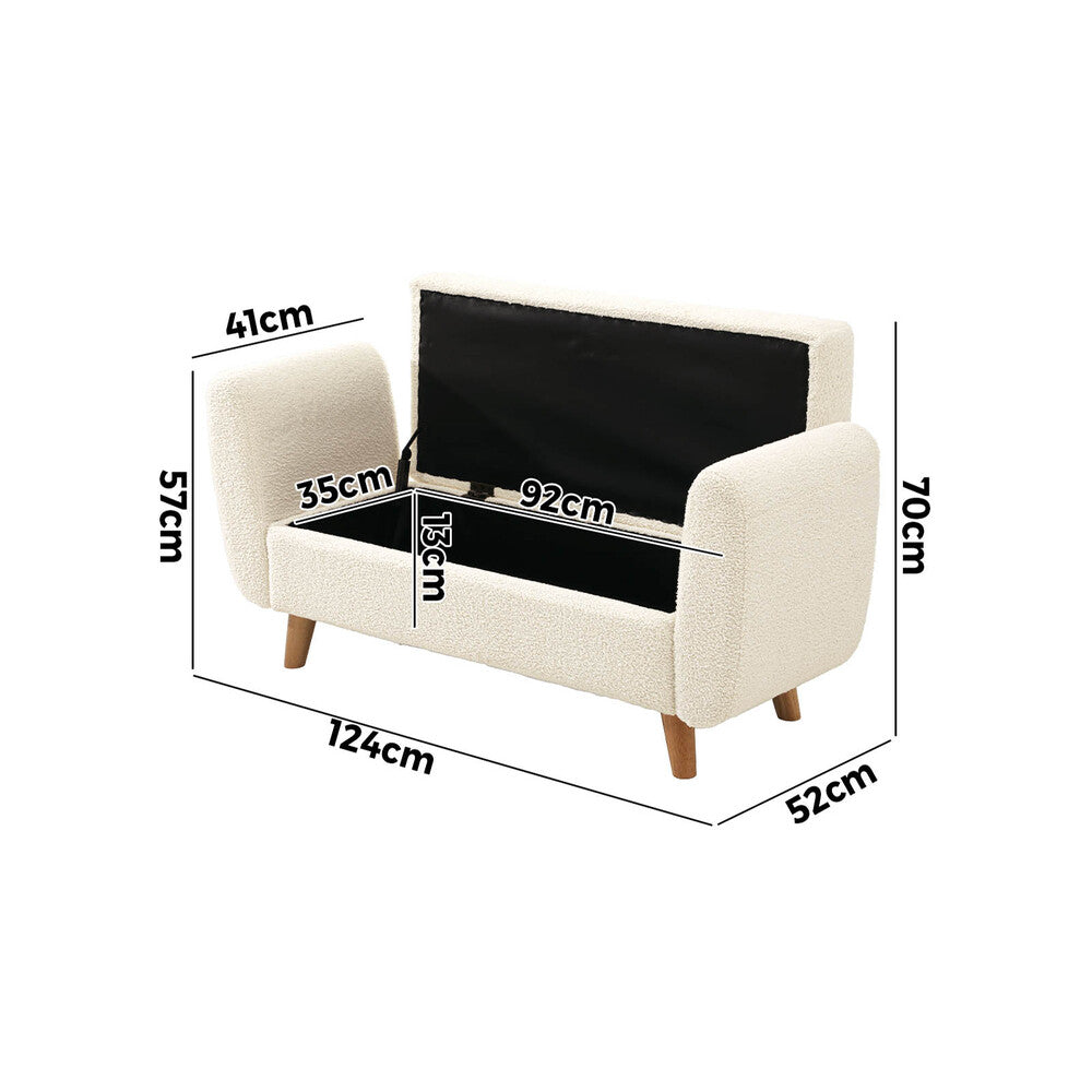 White Sherpa Fabric Storage Ottoman with Armrests