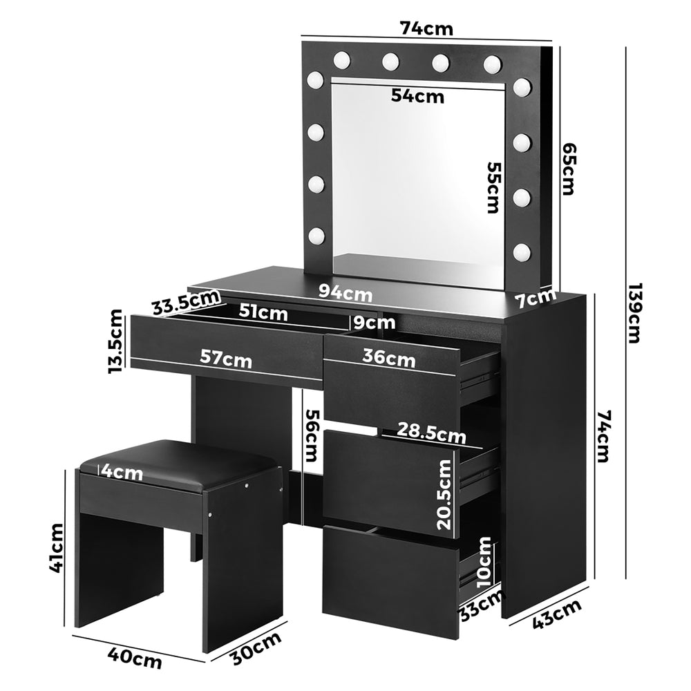 Black Dressing Table Set with Mirror and 12 Bulbs