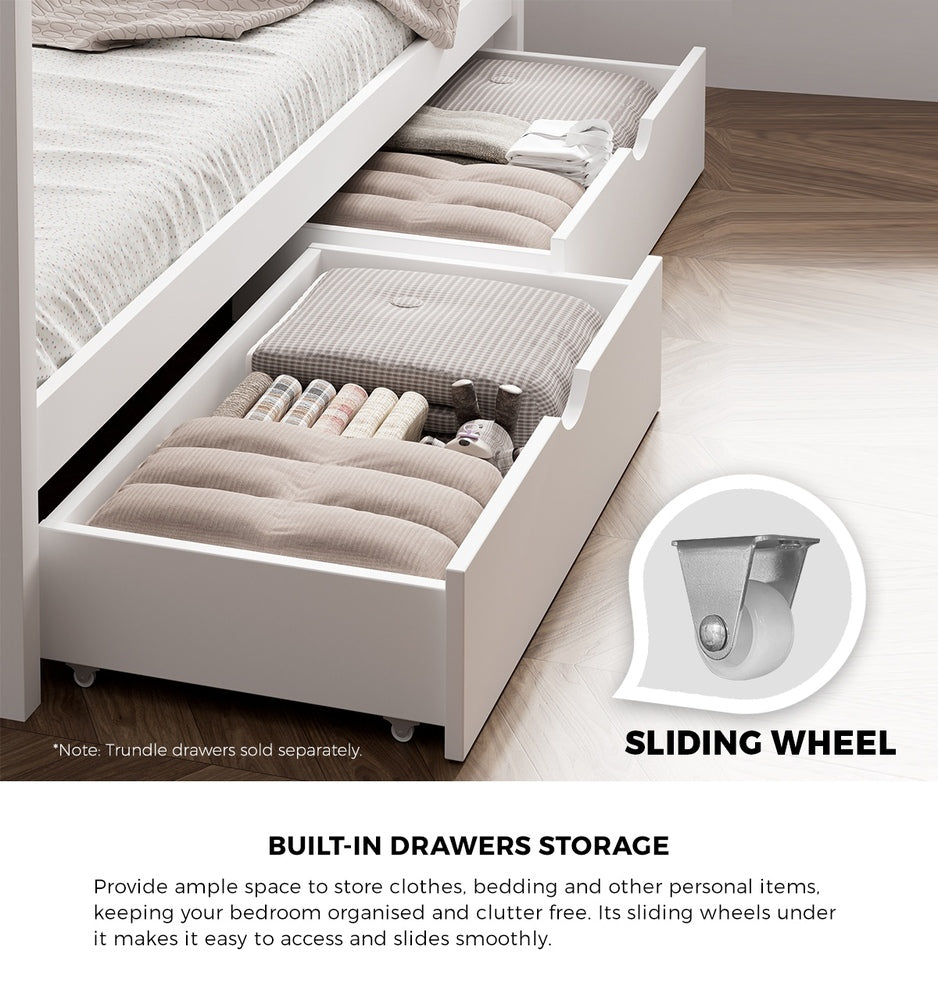 White Wooden Single Bed Frame with Drawers House-Shaped Design
