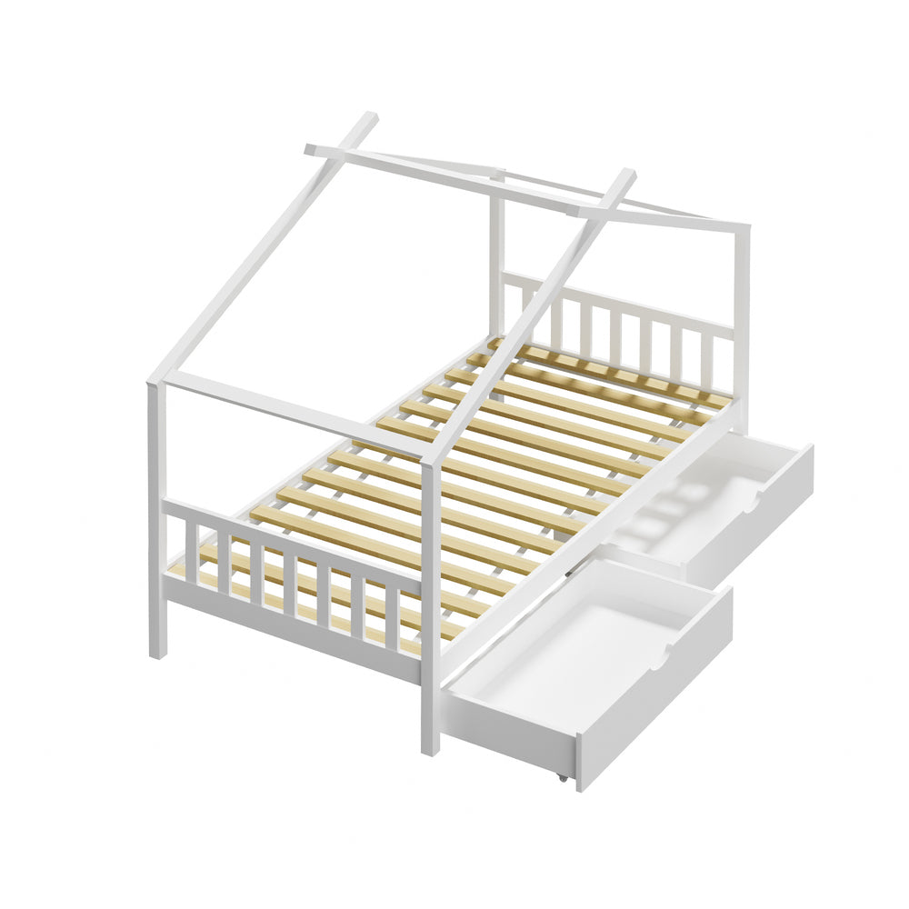White Wooden Single Bed Frame with Drawers House-Shaped Design