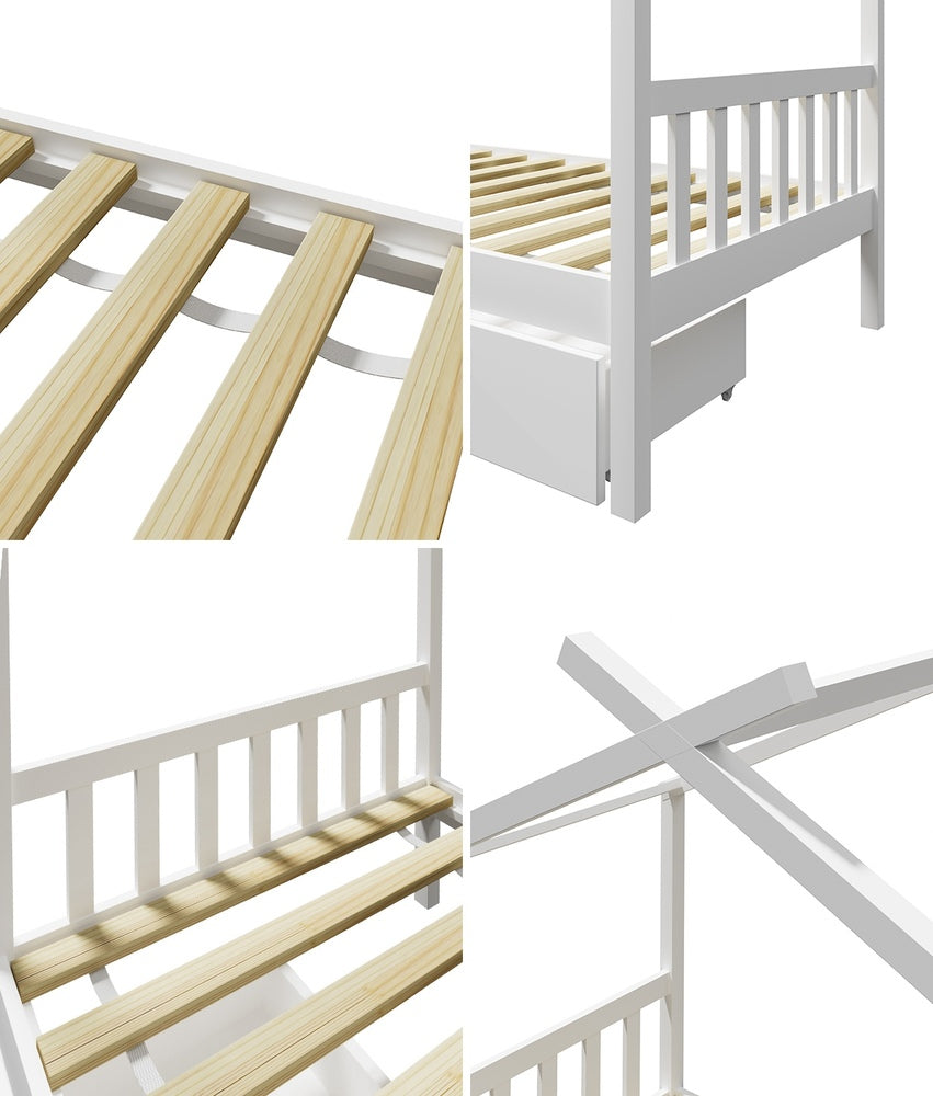 White Wooden Single Bed Frame with Drawers House-Shaped Design