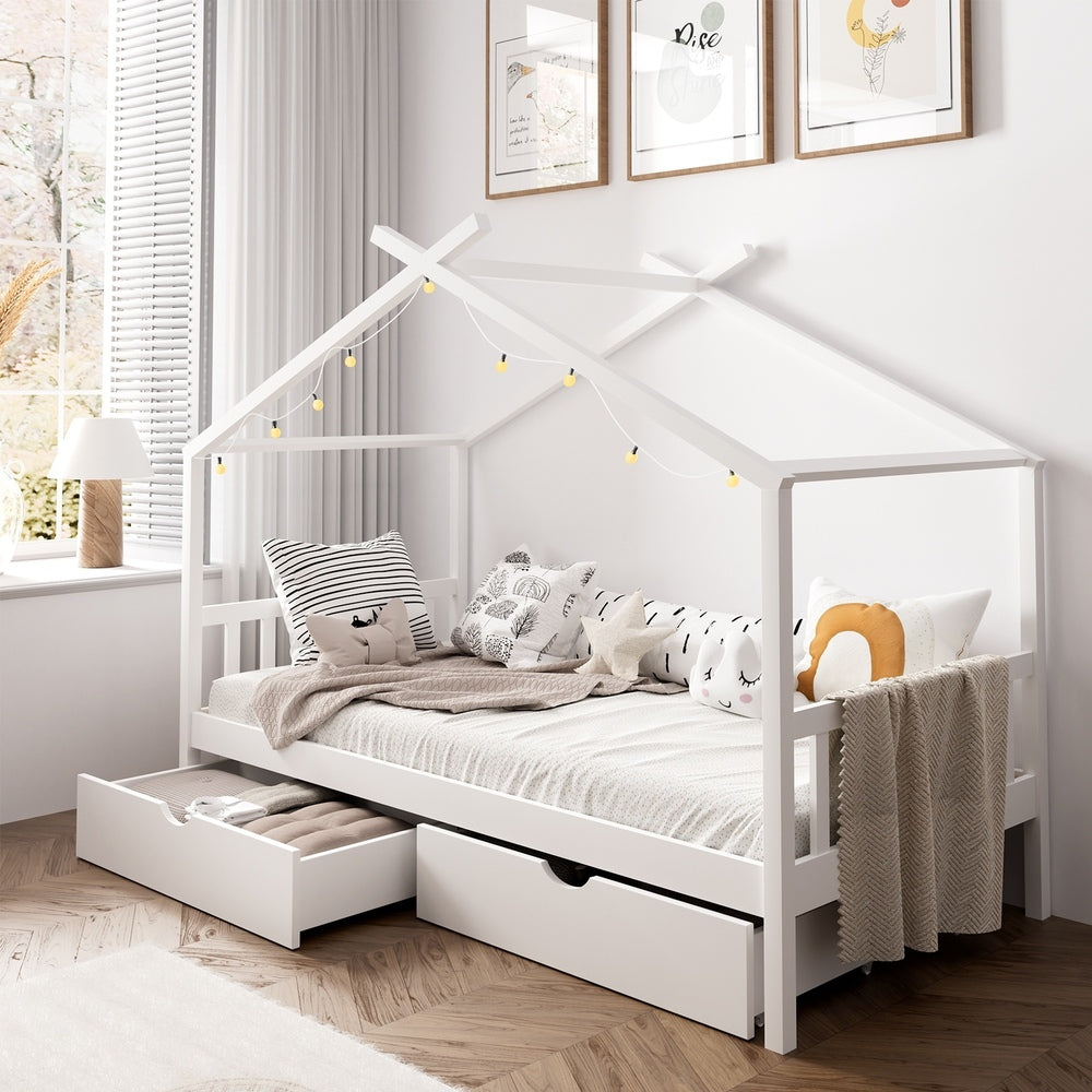 White Wooden Single Bed Frame with Drawers House-Shaped Design