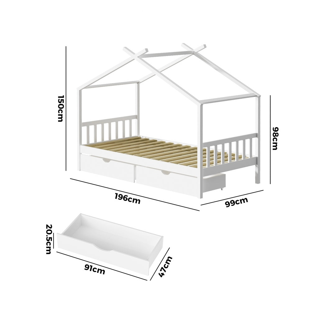 White Wooden Single Bed Frame with Drawers House-Shaped Design