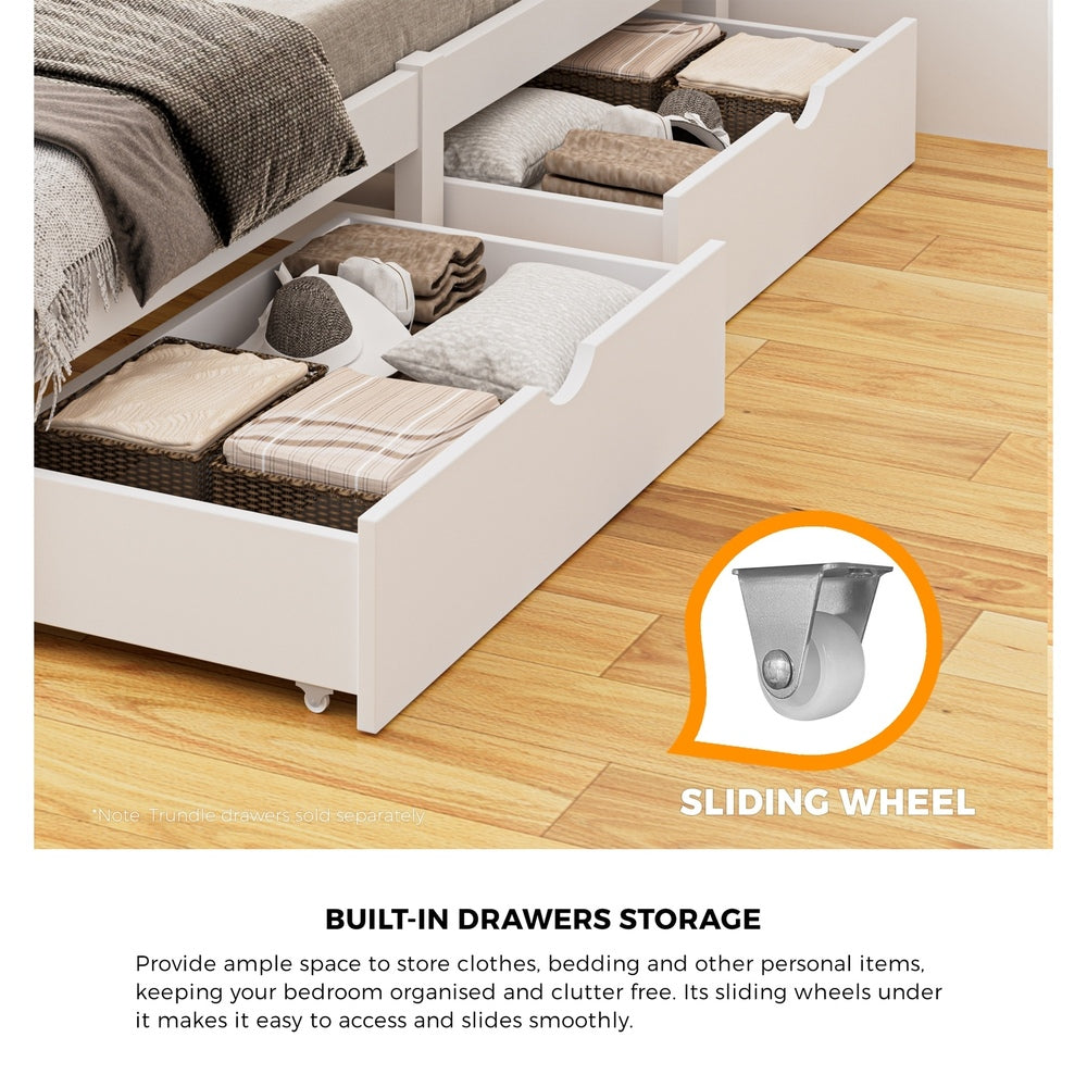 White Wooden Single Bed Frame with Trundle Drawers