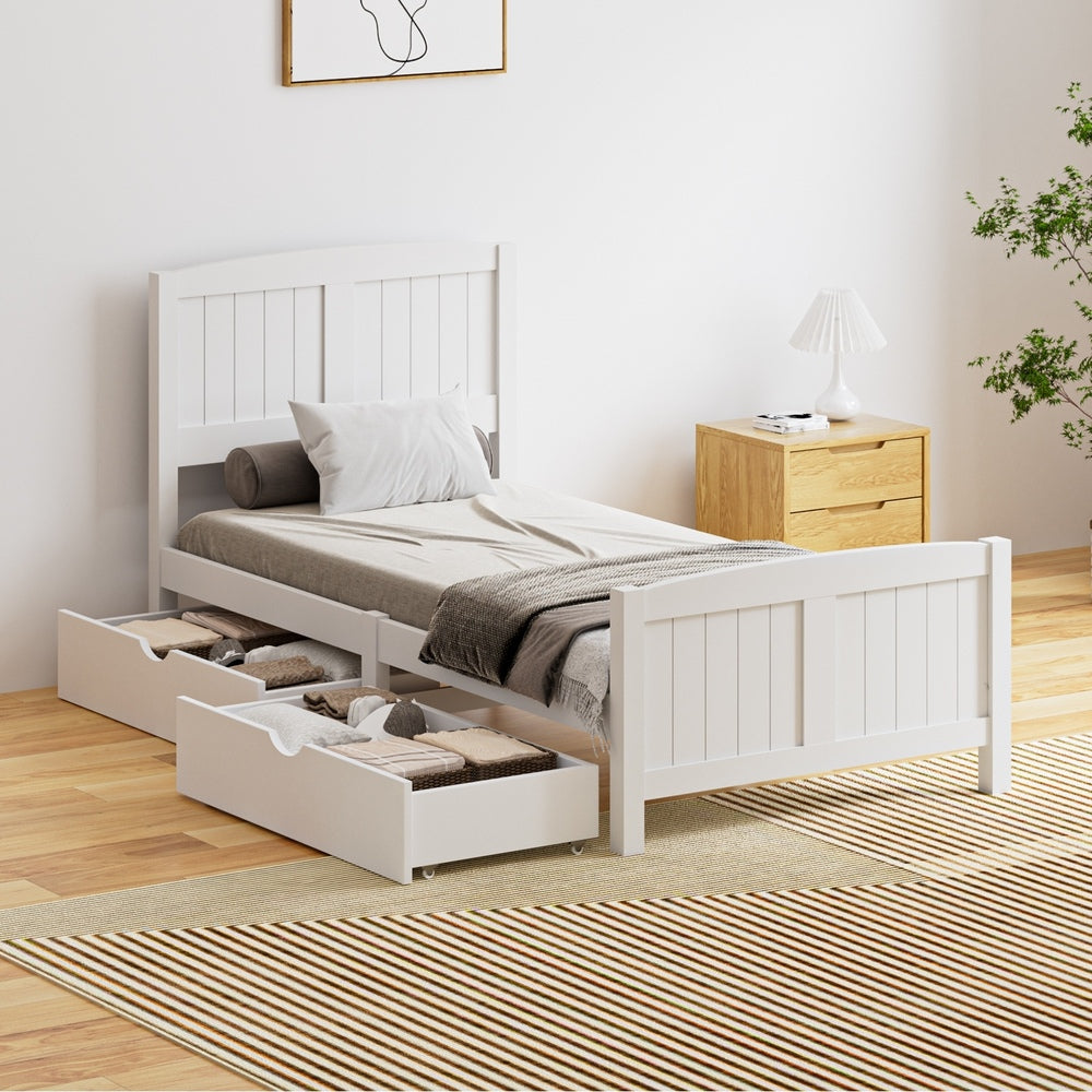 White Wooden Single Bed Frame with Trundle Drawers