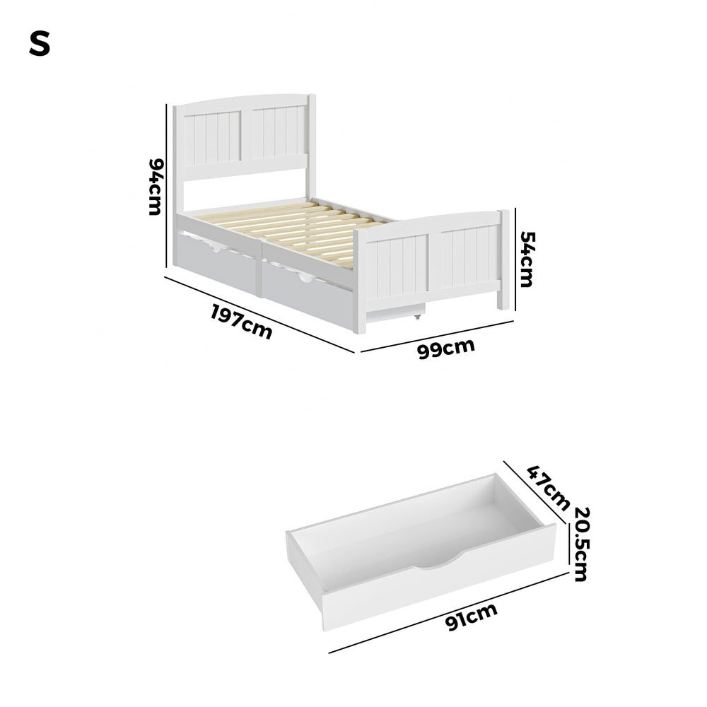 White Wooden Single Bed Frame with Trundle Drawers