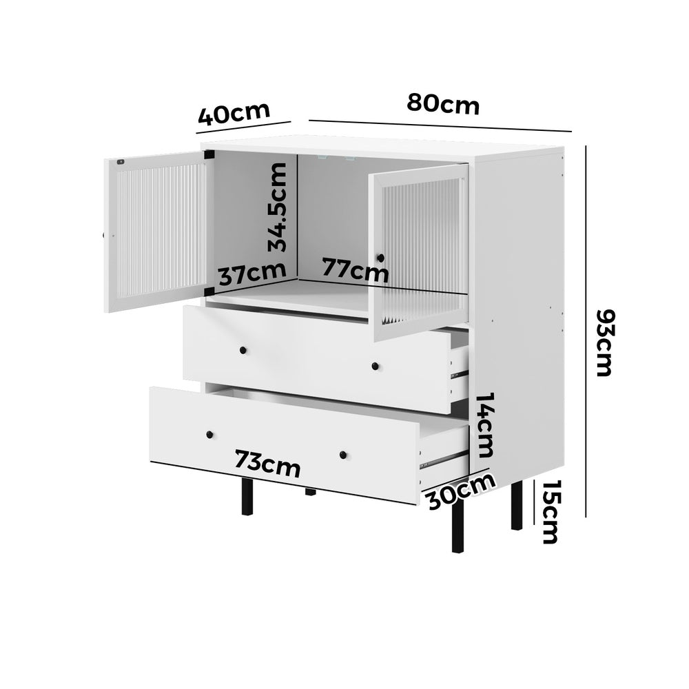 White Sideboard with Tempered Glass Door and 2 Drawers