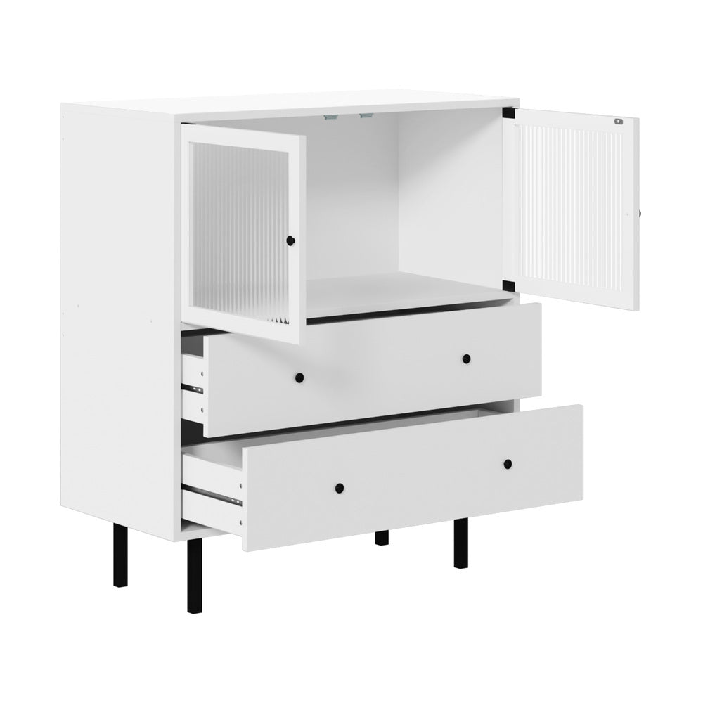 White Sideboard with Tempered Glass Door and 2 Drawers