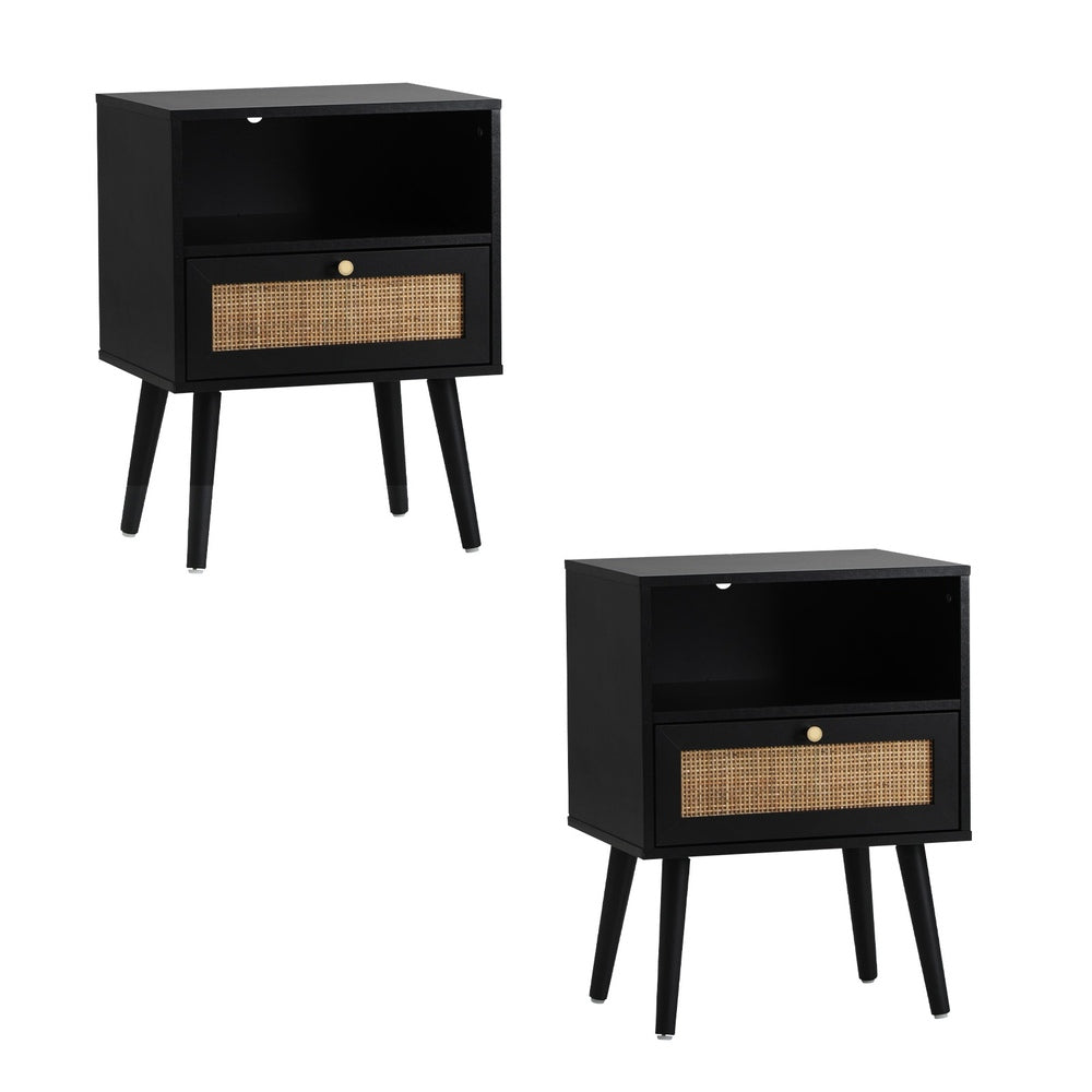 Set of 2 Rattan Bedside Tables with Storage Drawer and Shelf