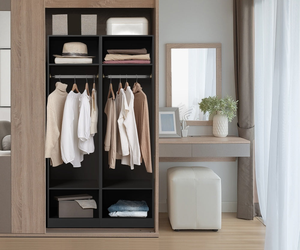 Black Open Wardrobe Shelf Unit with 3 Shelves and Hanging Rail