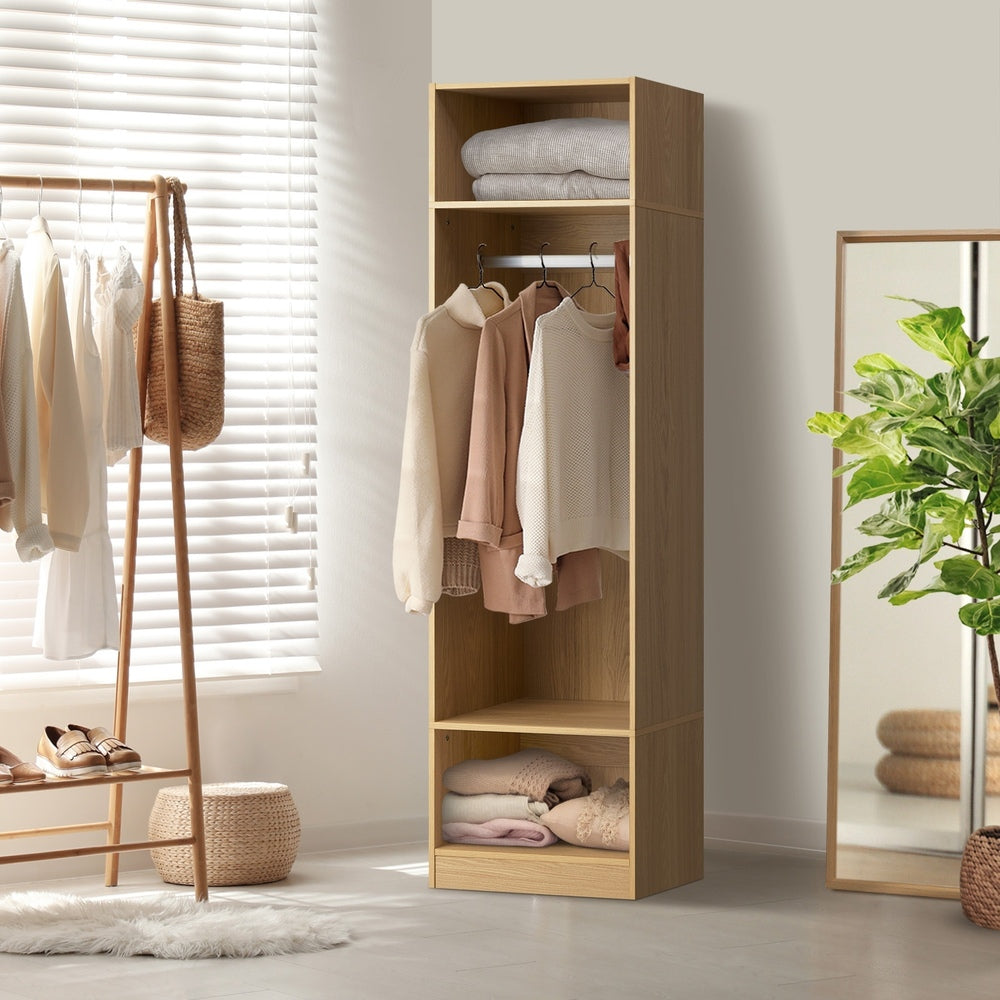 Natural Open Wardrobe Shelf Unit with 3 Shelves and Hanging Rail