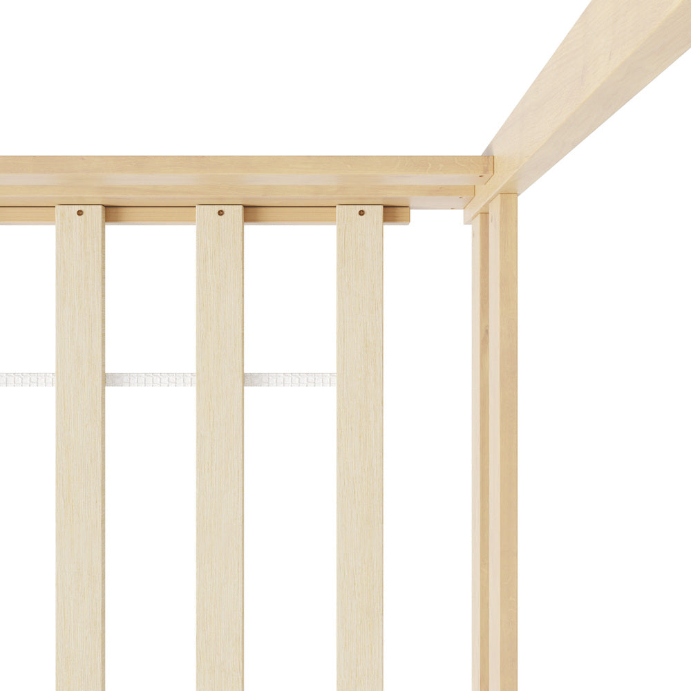 Natural Wooden Double Size Kids House Bed Frame with Fence