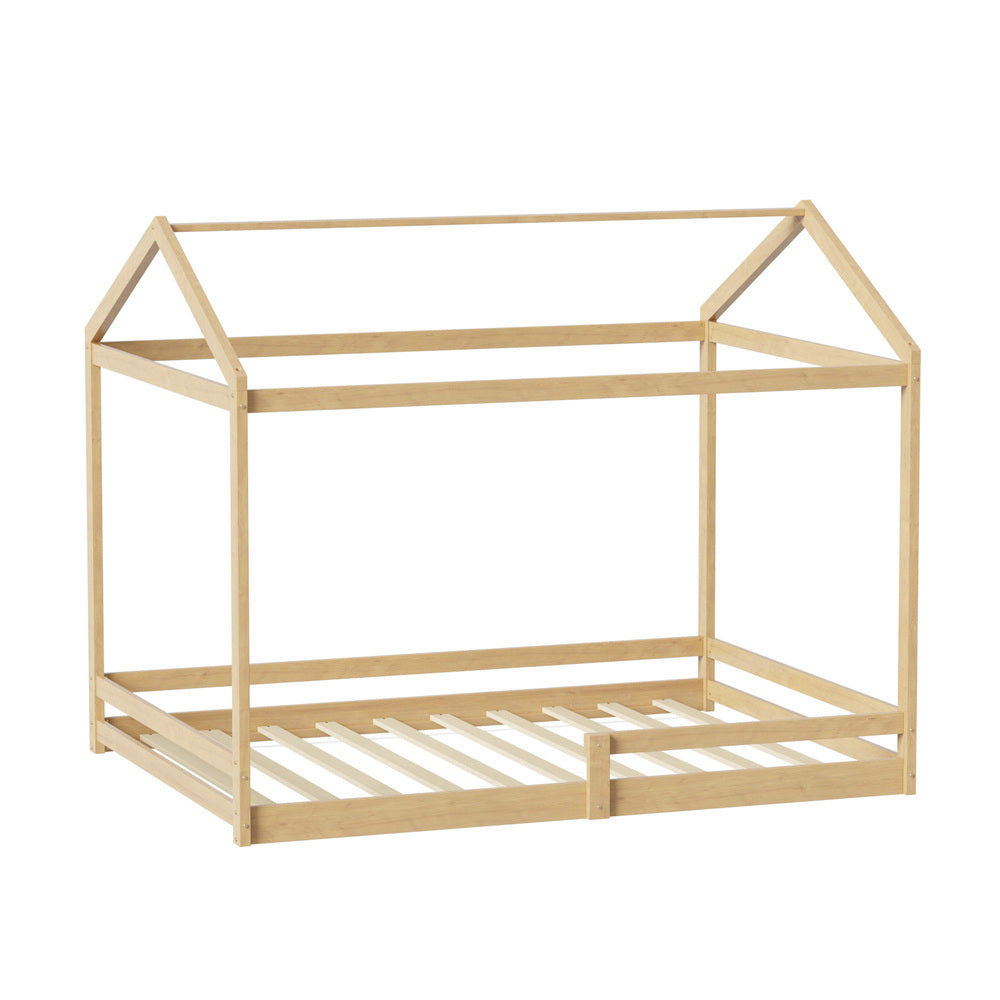 Natural Wooden Double Size Kids House Bed Frame with Fence