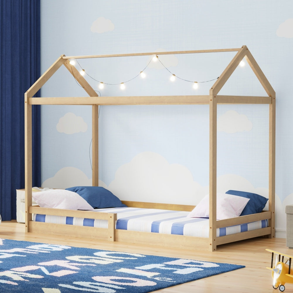 Natural Wooden Single Size Kids House Bed Frame with Fence