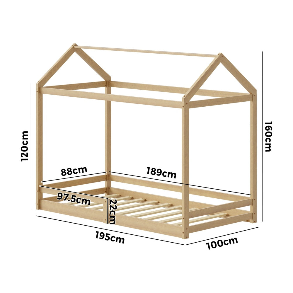 Natural Wooden Single Size Kids House Bed Frame with Fence