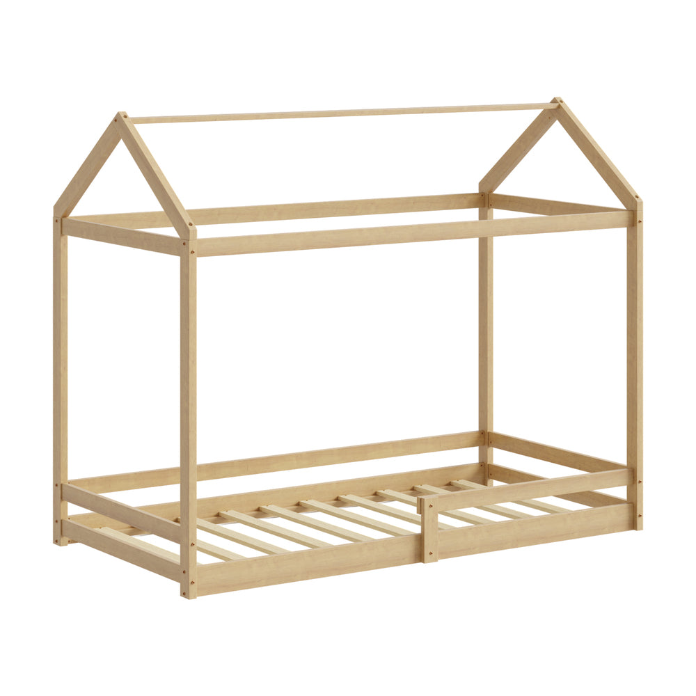 Natural Wooden Single Size Kids House Bed Frame with Fence