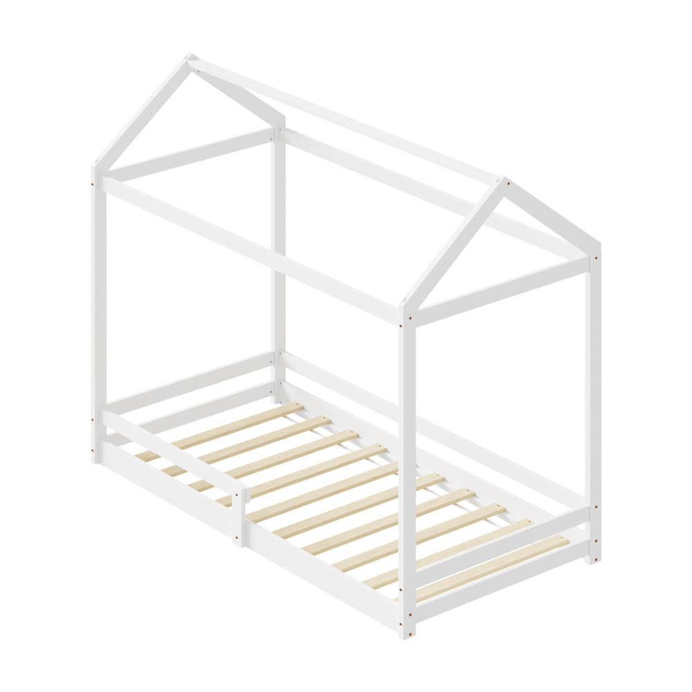 White Timber Single Size Kids Wooden House Bed Frame with Fence