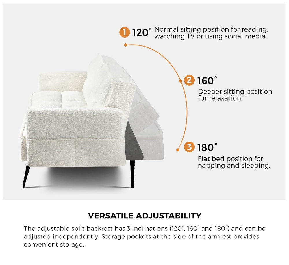 White Boucle Sherpa 3 Seater Convertible Sofa Bed Lounge Couch