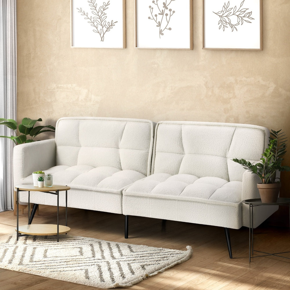 White Boucle Sherpa 3 Seater Convertible Sofa Bed Lounge Couch