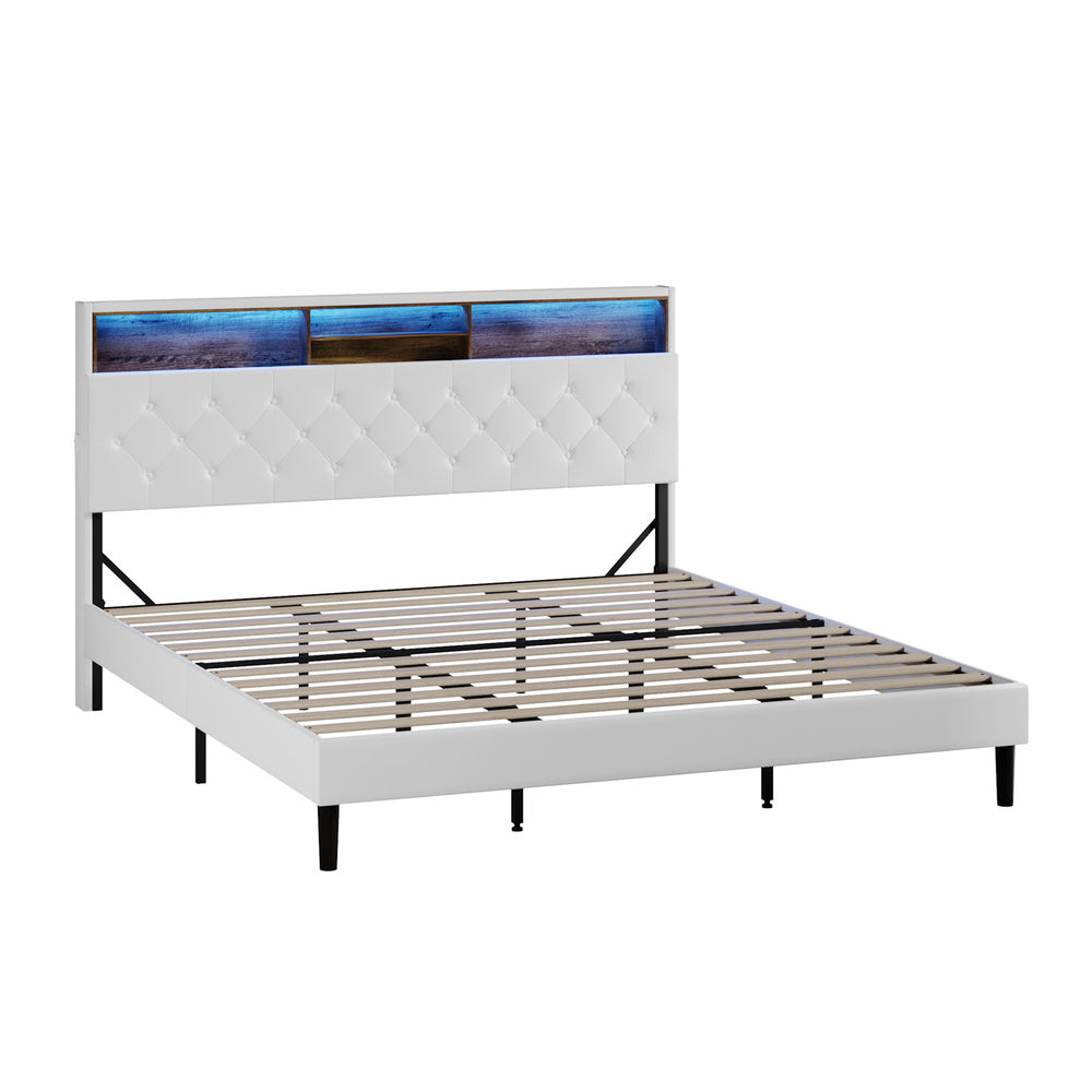 King Size White Bed Frame with LED Storage Bedhead
