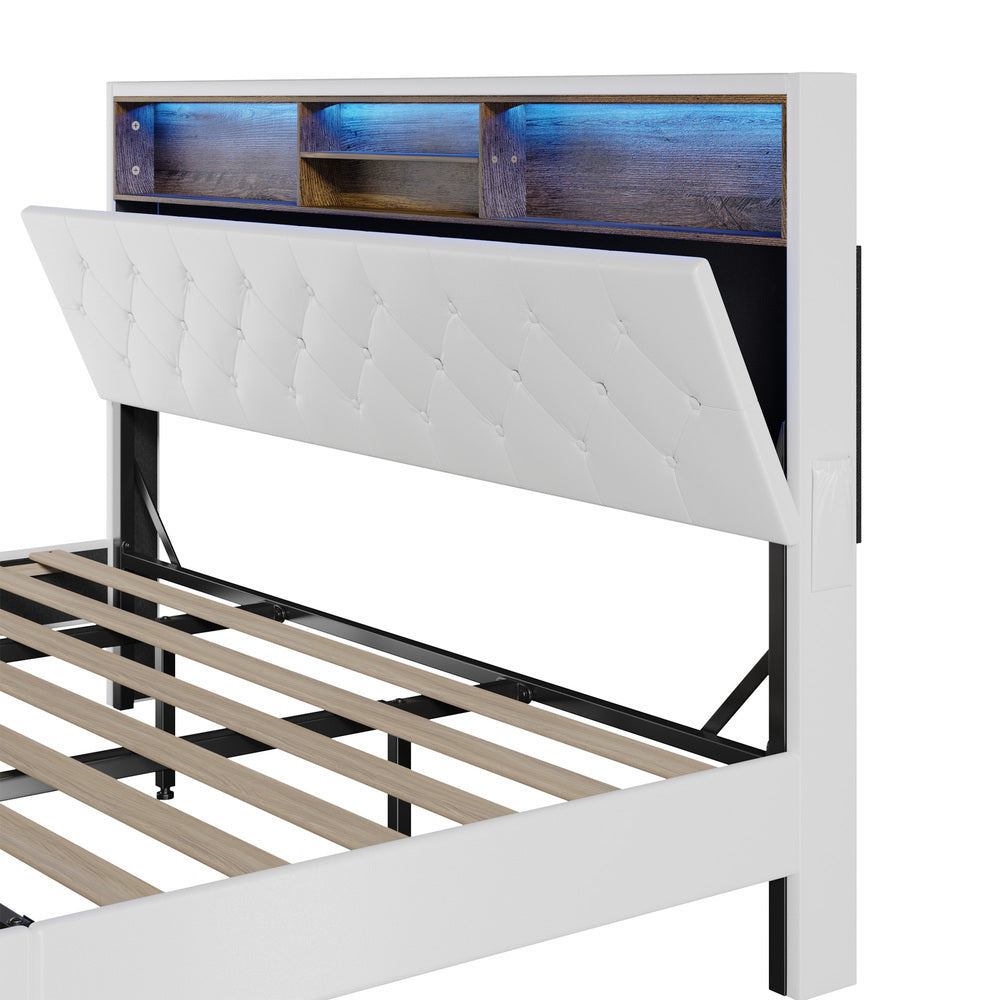 King Size White Bed Frame with LED Storage Bedhead