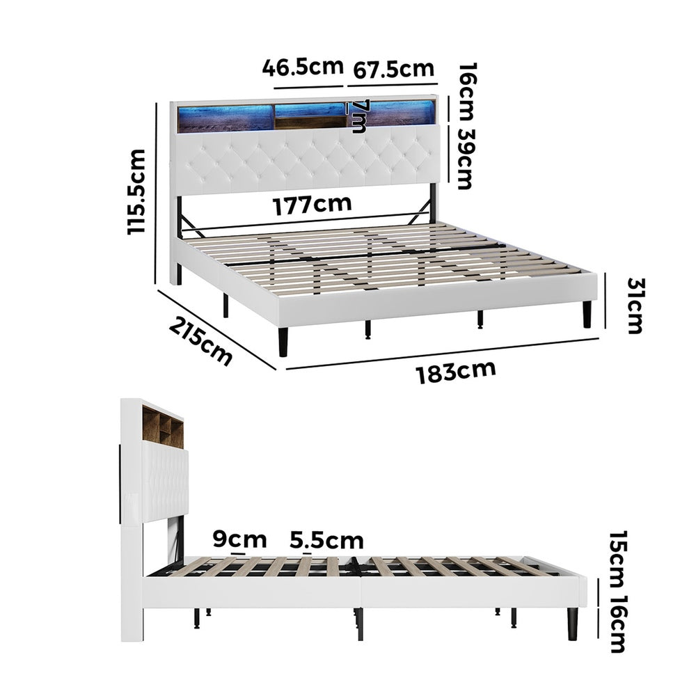 King Size White Bed Frame with LED Storage Bedhead