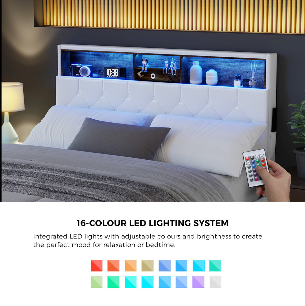 King Size White Bed Frame with LED Storage Bedhead