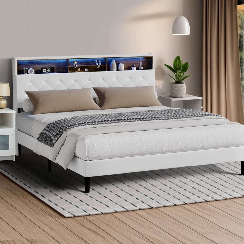 King Size White Bed Frame with LED Storage Bedhead