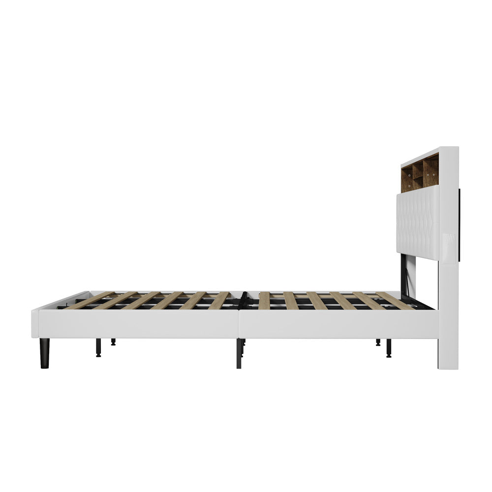King Size White Bed Frame with LED Storage Bedhead