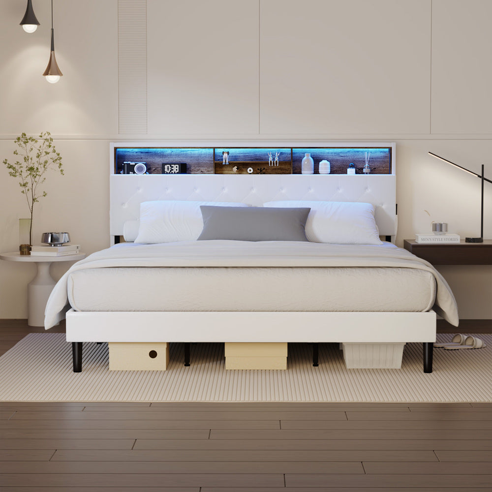 King Size White Bed Frame with LED Storage Bedhead