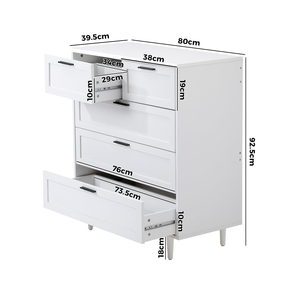 White Tallboy Dresser with Five Drawers