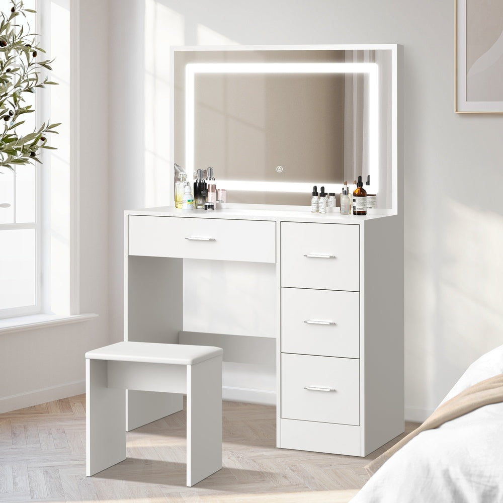 White Dressing Table and Stool Set with Large Mirror and LED Light