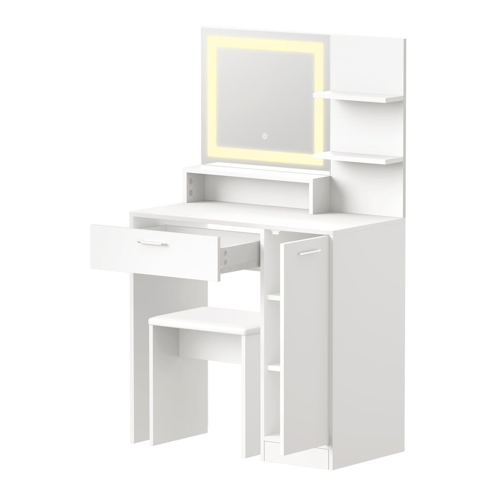 White Dressing Table and Stool Set with LED Light and Large Cabinet