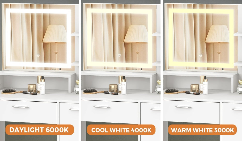 White Dressing Table and Stool Set with LED Light and Large Cabinet