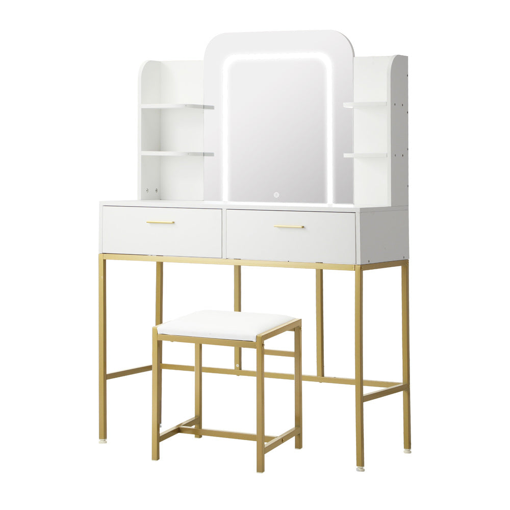 White and Gold Dressing Table and Stool Set with LED Mirror Vanity Desk