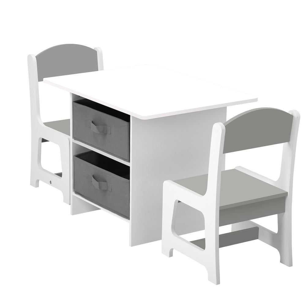 White and Grey Kids Table and Chair Set with Storage Bins