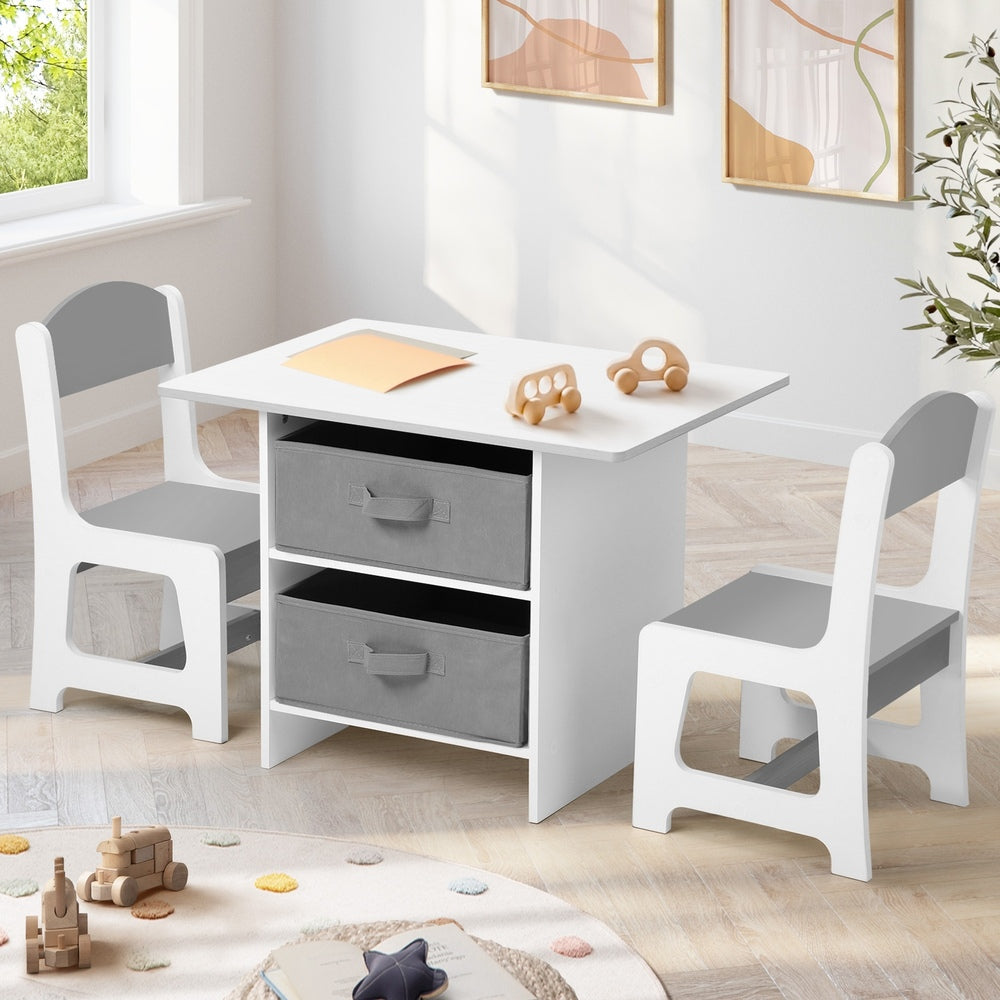 White and Grey Kids Table and Chair Set with Storage Bins