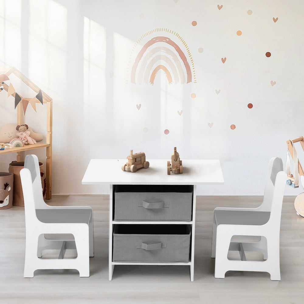 White and Grey Kids Table and Chair Set with Storage Bins