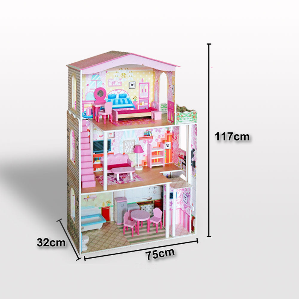 Large Wooden Dolls Doll House Pink Roof