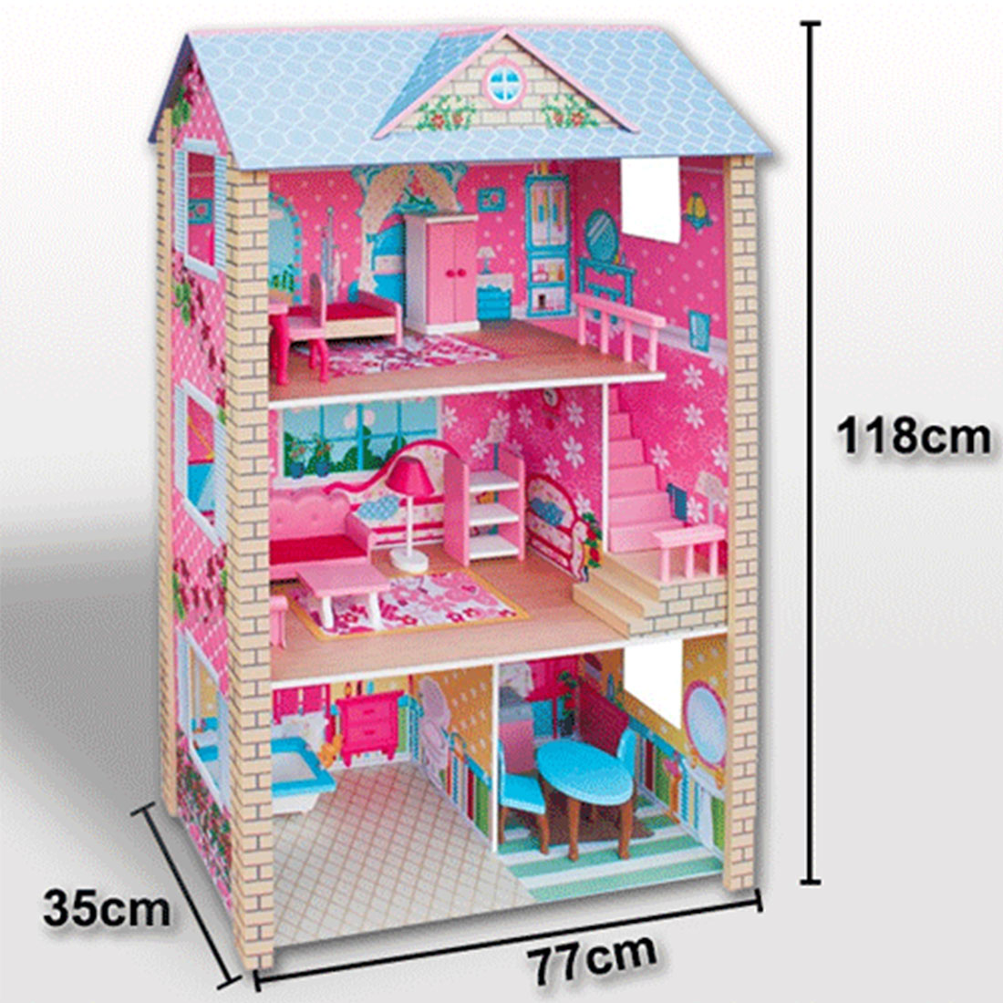 Large Wooden Dolls Doll House with Blue Roof