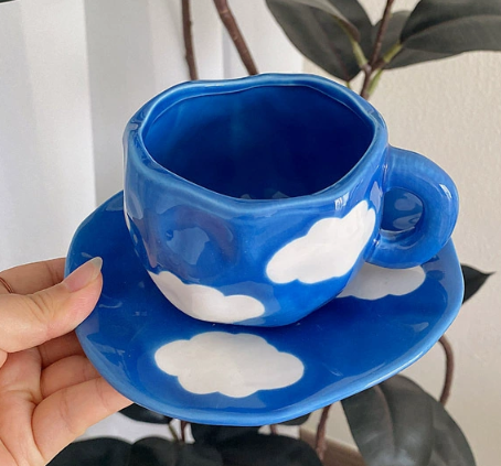 Blue Sky and Clouds Hand-Pinched Cup Saucer Set