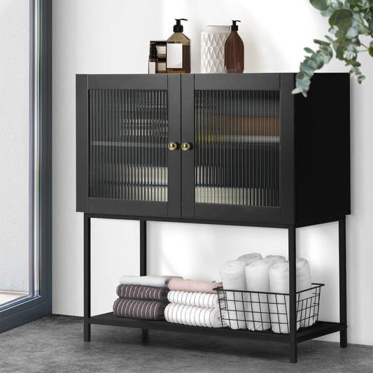 Black Bathroom Cabinet with Two Tempered Glass Doors