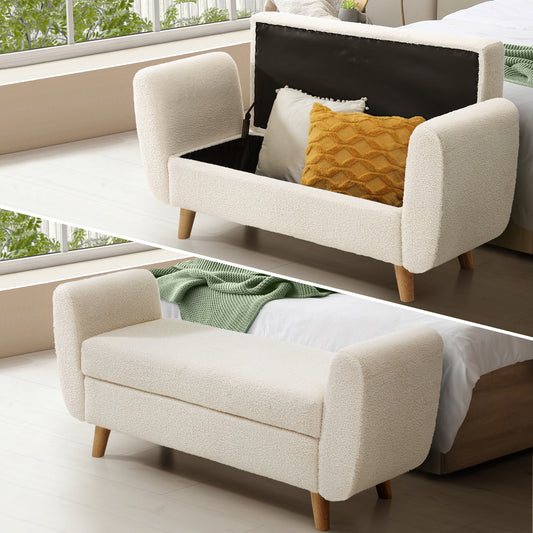 White Sherpa Fabric Storage Ottoman with Armrests