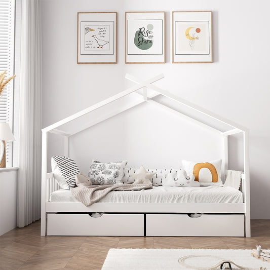 White Wooden Single Bed Frame with Drawers House-Shaped Design