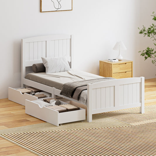 White Wooden Single Bed Frame with Trundle Drawers