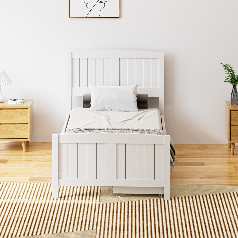 White Wooden Single Bed Frame with Trundle Drawers