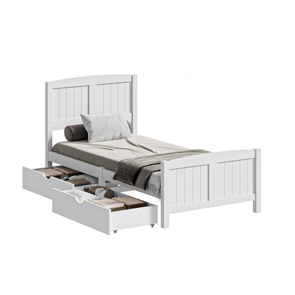 White Wooden Single Bed Frame with Trundle Drawers