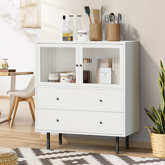 White Sideboard with Tempered Glass Door and 2 Drawers